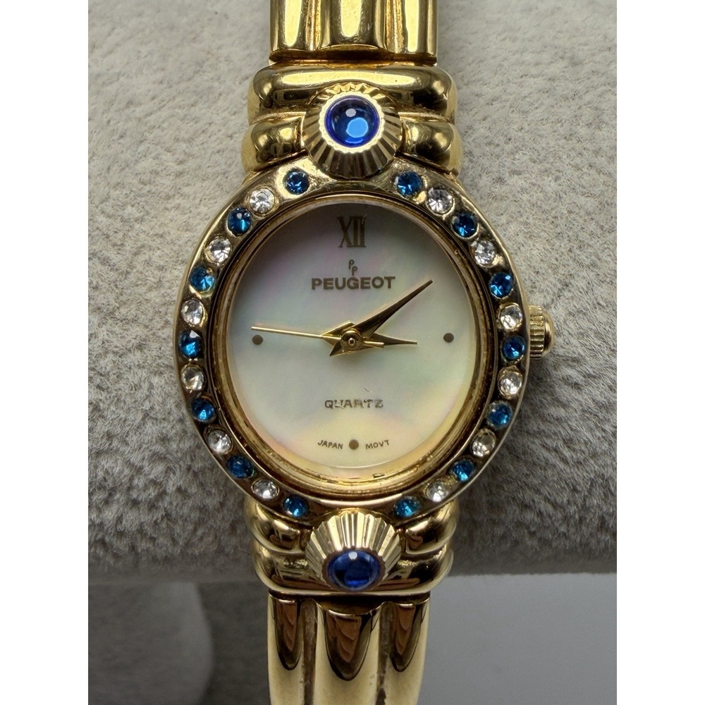 Peugeot‎ Ladies Cuff Bangle MOP Watch New Battery 21MM 6" Gold Tone
